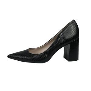 Zara Black Faux Leather Snakeskin Pointed Toe Block Heel Slip On Pump Shoes Sz 8